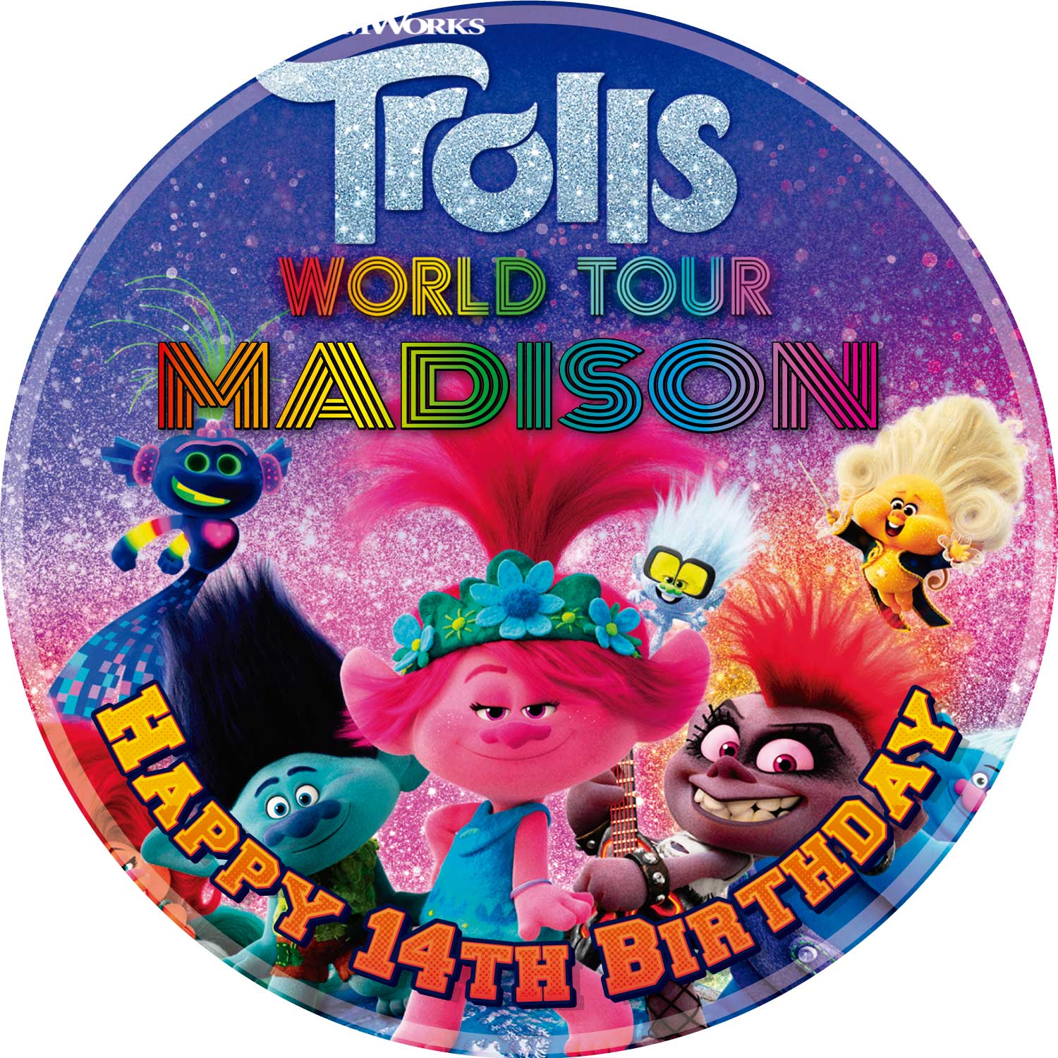 Trolls Tour Kids Fun World HRT Round – Icing Sheet Birthday - Personalized Edible Cake Topper | Custom Icing Sheet | Birthday Cake Decoration