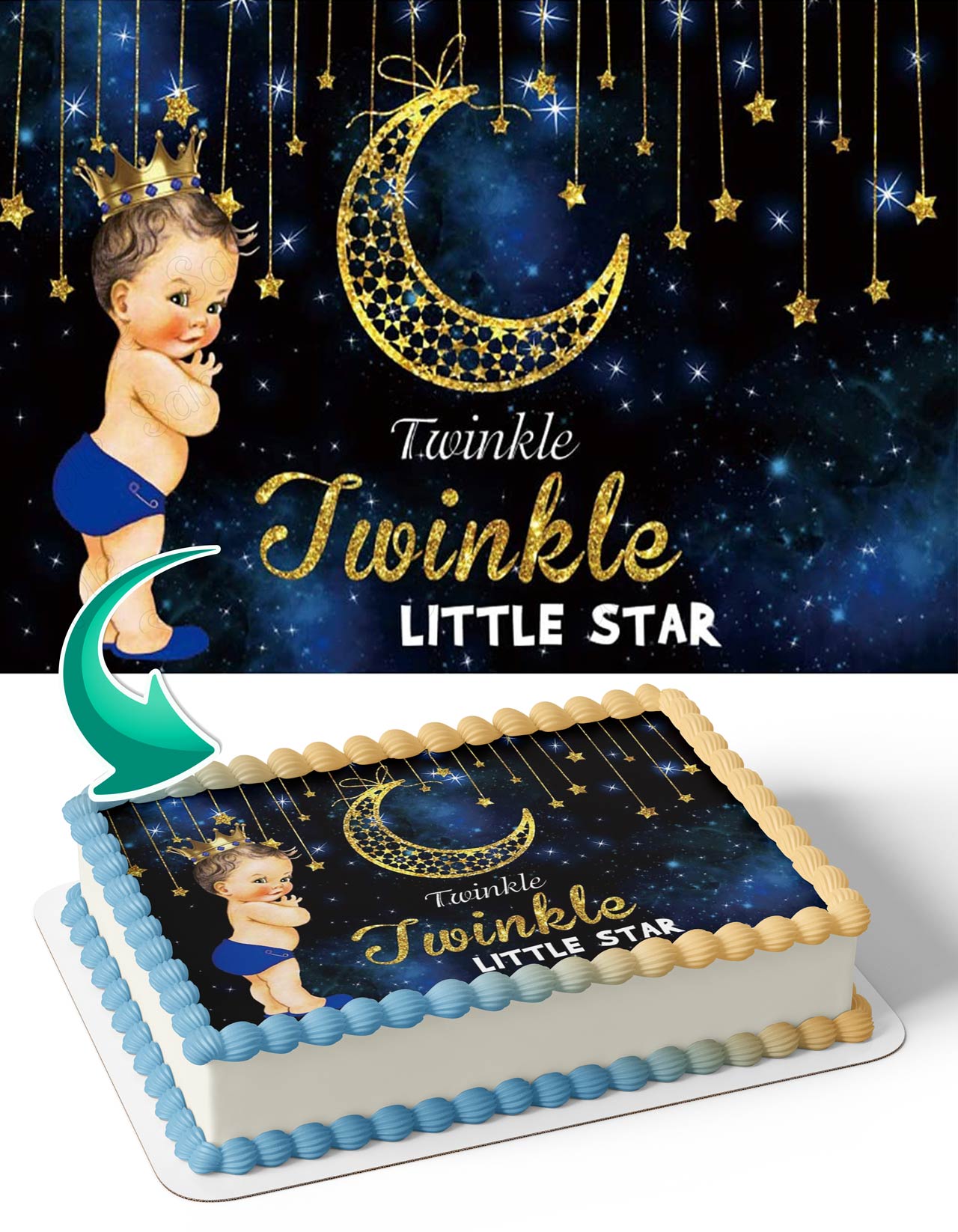 Twinkle Twinkle Little Star Baby Boy Gold Moon Edible Cake Topper