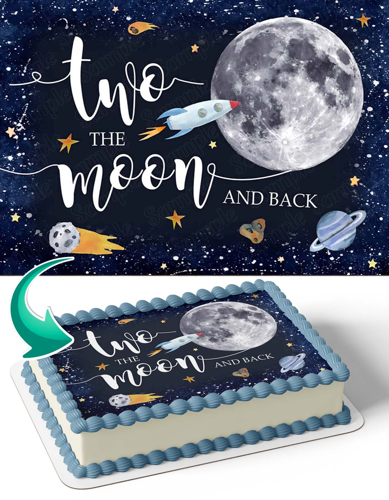 Two the Moon and Back Space Galaxy Birthday Edible Cake Topper