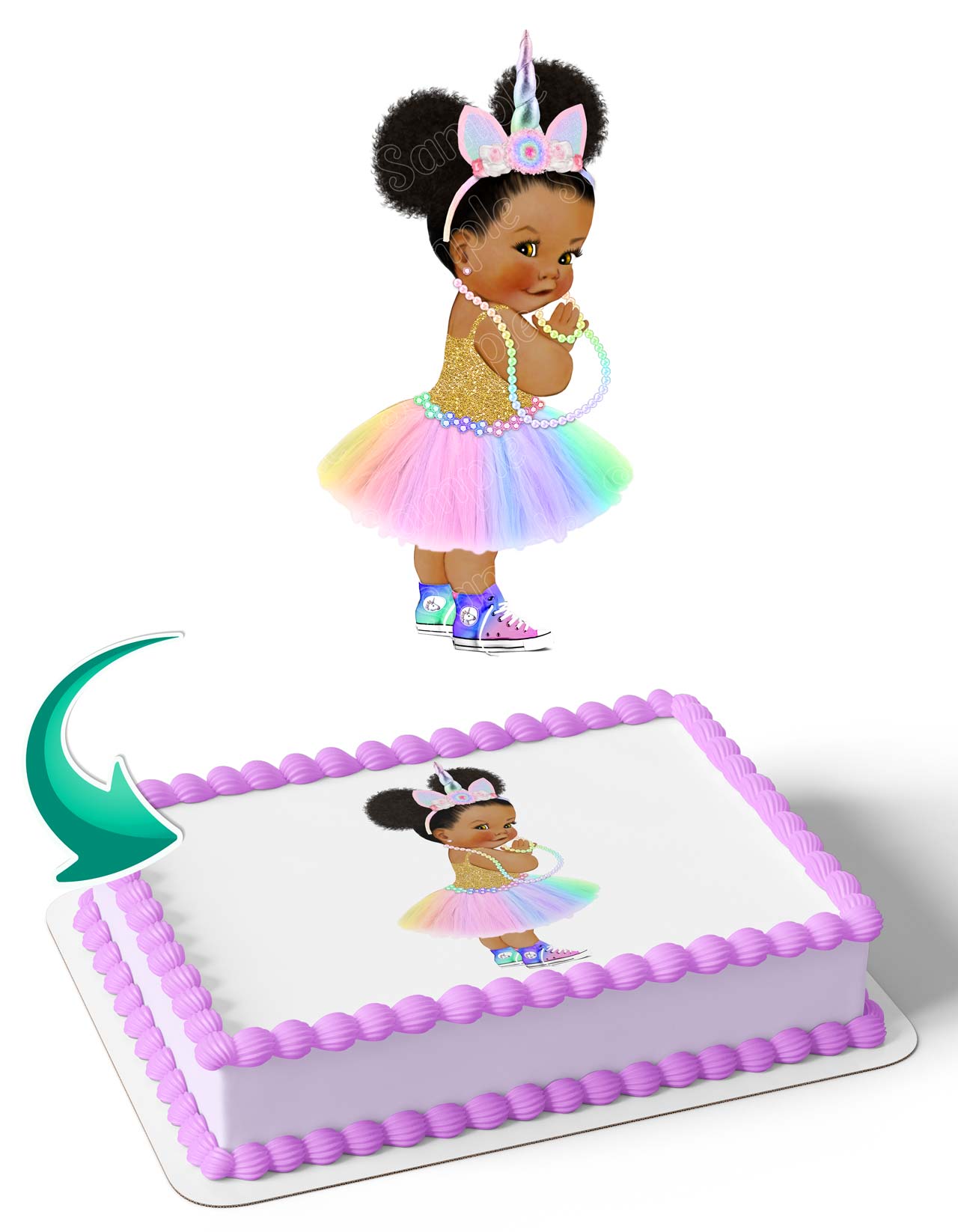 Unicorn Princess Pastel Rainbow Tutu Sneakers Unicorn Afro Edible Cake Topper