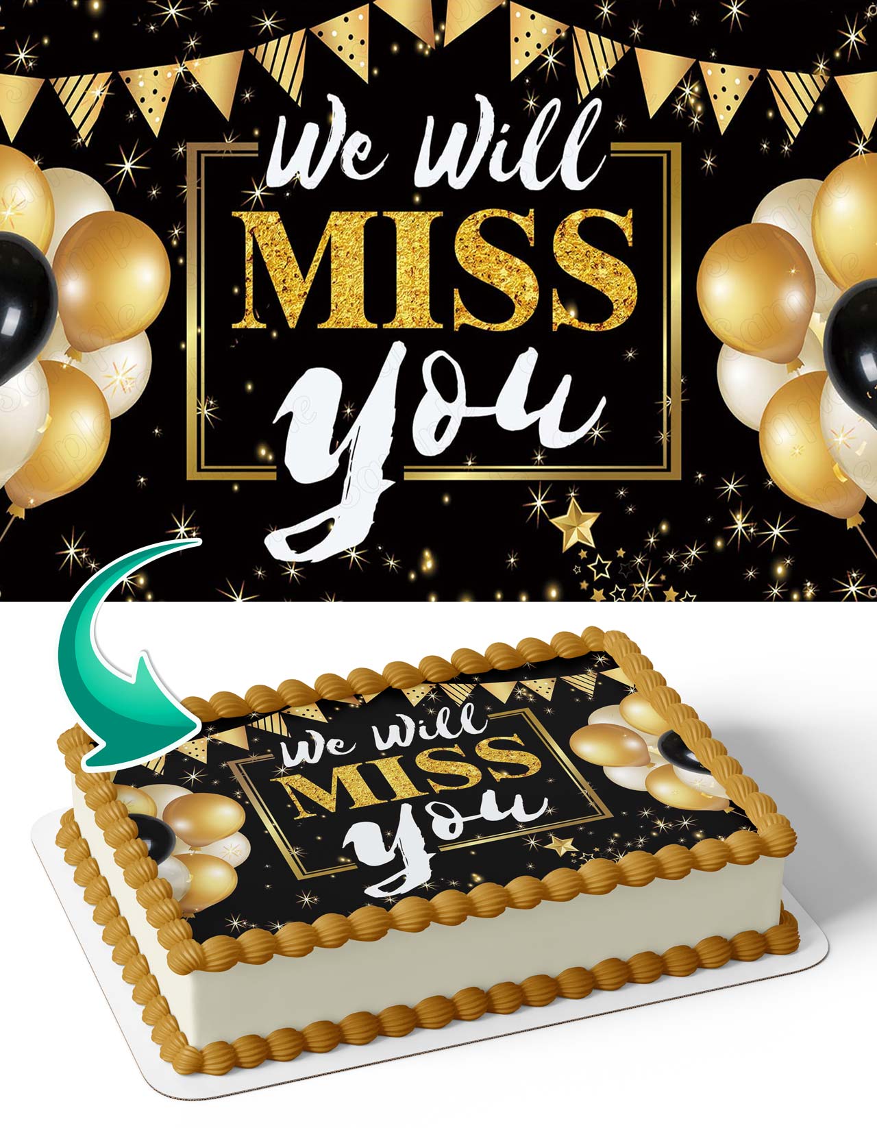 We Will Miss You Gold Black Edible Cake Topper