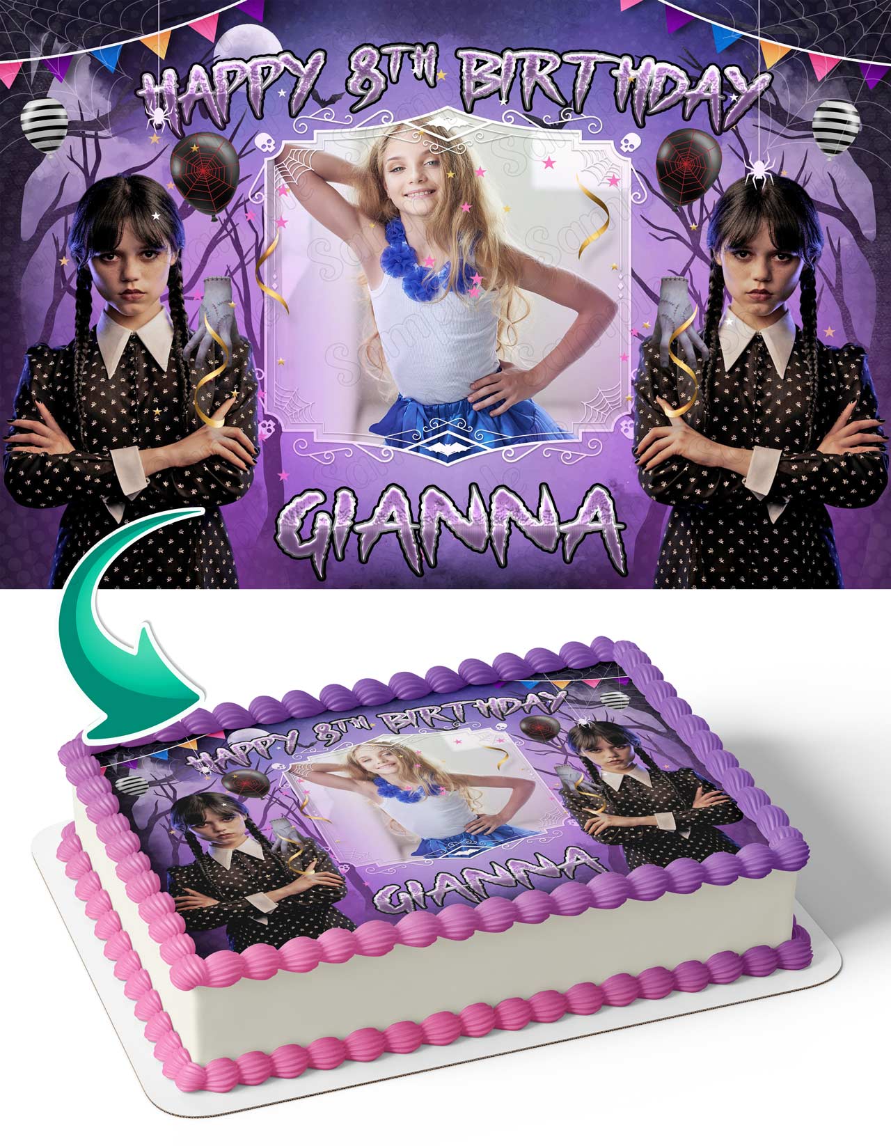 Wednesday Adams Photo Frame – Birthday Image - Personalized Edible Cake Topper | Custom Icing Sheet | Birthday Cake Decoration | Photo Cake Image