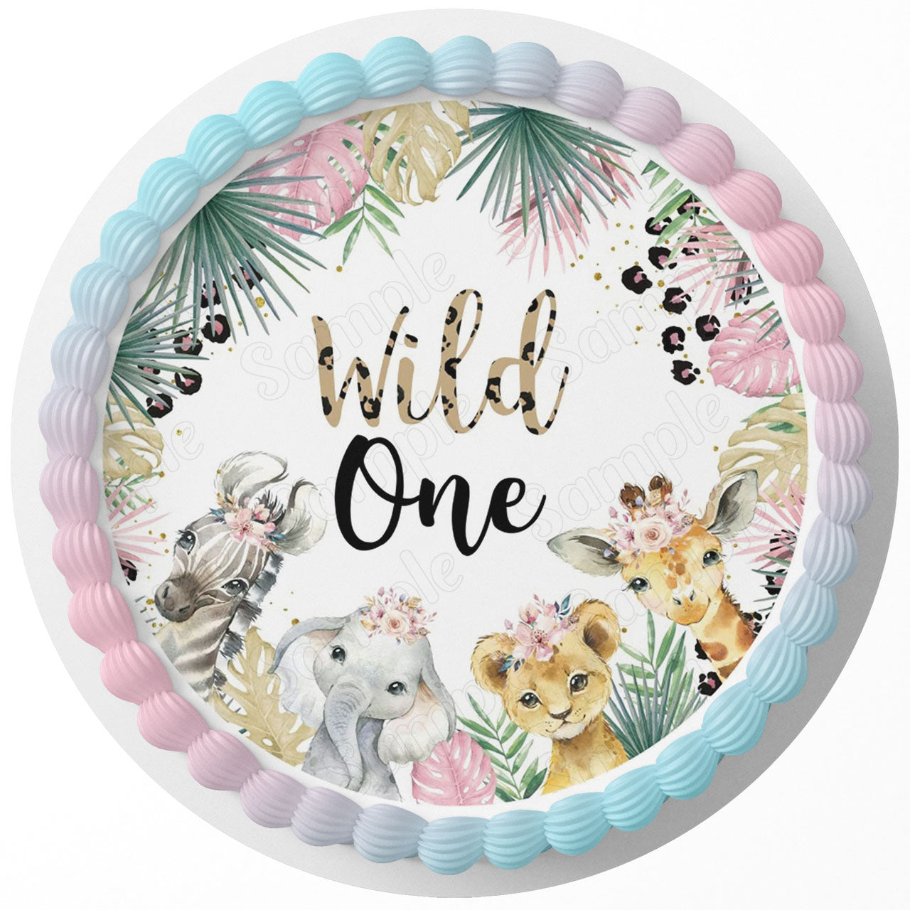 Wild One Baby Safari Animals Girl Pink LTX Round – Icing Sheet Bi - Personalized Edible Cake Topper | Custom Icing Sheet | Birthday Cake Decoration